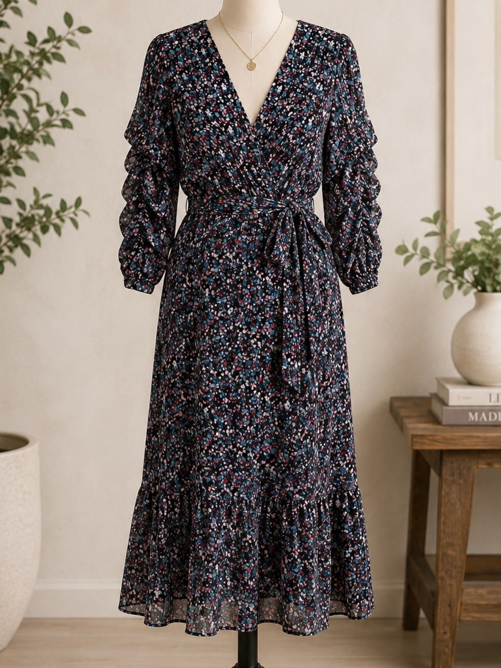 Julian Taylor New York Midi Dress Womens M Black Floral V-Neck Tie Waist